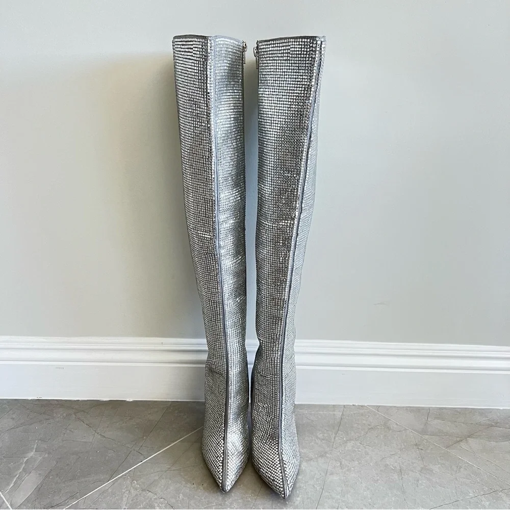 STEVE MADDEN Skyscraper Rhinestone Bling Silver Over The Knee Heels Boots Sz 6.5